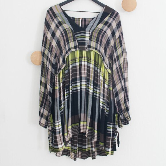 Free People Oversize v-neck plaid flowy long Sleeve Dress - Small Petite S/P - Picture 1 of 8